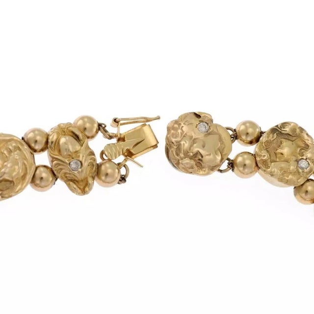 Art Nouveau Diamond 14k Yellow Gold Cameo Slide Charms Bracelet For Sale - Image 4 of 5