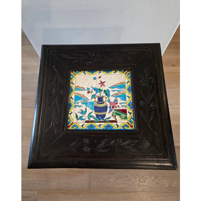 19th Century French Chinoiserie Japanesque Viardot Style Carved Ebonized Wood Longwy Ceramic Tile Table Stand For Sale - Image 12 of 18