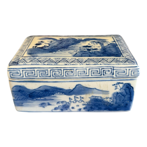 Vintage Blue and White Porcelain Trinket Box | Chinese Landscape Lidded Box