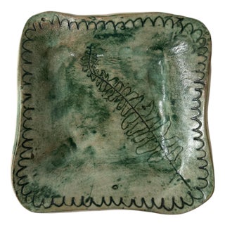 1970s Art Pottery Green Botanical Leaf Design Catchall Dish For Sale