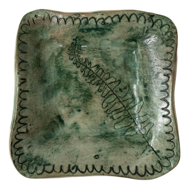 1970s Art Pottery Green Botanical Leaf Design Catchall Dish For Sale