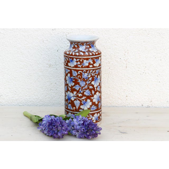Indian Blue Bloom Jaipur Cylinder Vase For Sale - Image 3 of 9