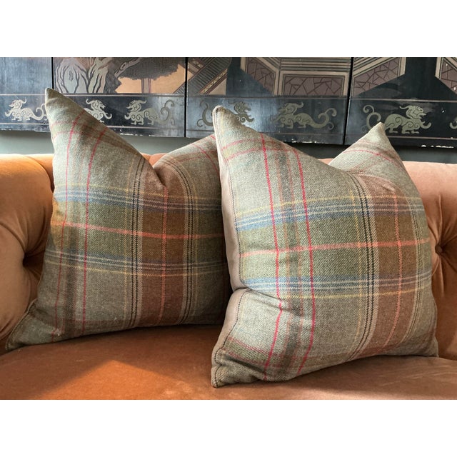 Rustic A Pair of 22” Down Filled Pillows in g.p. And J. Baker Mullberry Plaid Wool in Lovat Colorway For Sale - Image 3 of 4