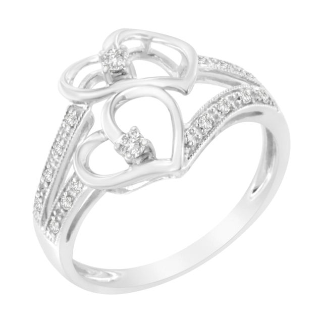Contemporary 14KT White Gold 1/10 cttw Diamond Twin Heart Ring - Size 6.5 For Sale - Image 3 of 7