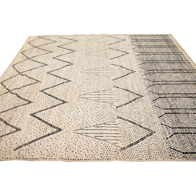 Textile Modern Moroccan Style Handmade Geometric Pattern Beige and Gray Boho Wool Rug For Sale - Image 7 of 9