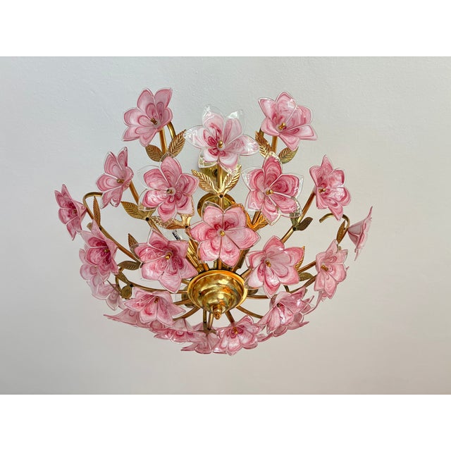 Vintage Murano Glass Floral Chandelier – Rare Deep Pink Flowers, Flush Mount For Sale - Image 15 of 18