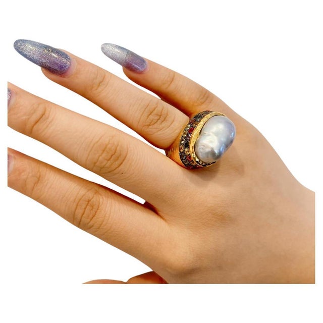 Bochic “Orient” Vintage Retro Pearl & Multi Sapphire Ring Set 18K Gold & Silver Natural Multi Color Sapphire from Sri...