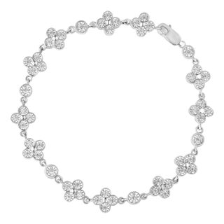 .925 Sterling Silver 1.0 Cttw Miracle-Set Diamond 4 Leaf and Solitaire Station Link Bracelet (I-J Color, I3 Clarity) - 7.25" For Sale