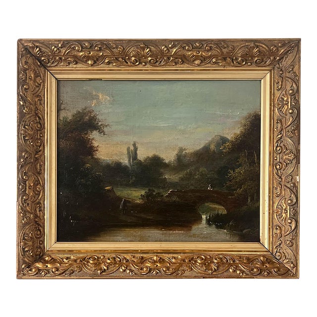 19th C. Parisian Landscape Oil Painting, Gesso Frame For Sale