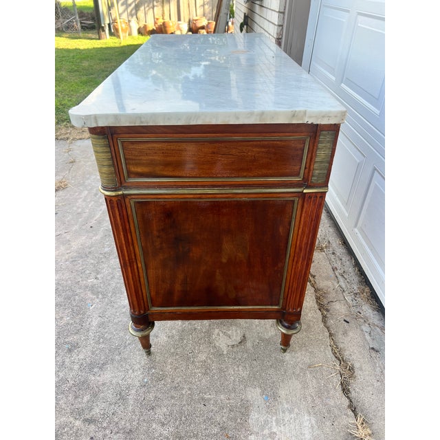 French 19th Century Louis XVI Mahogany Carrara Marble Top Chest of Drawers For Sale - Image 9 of 12