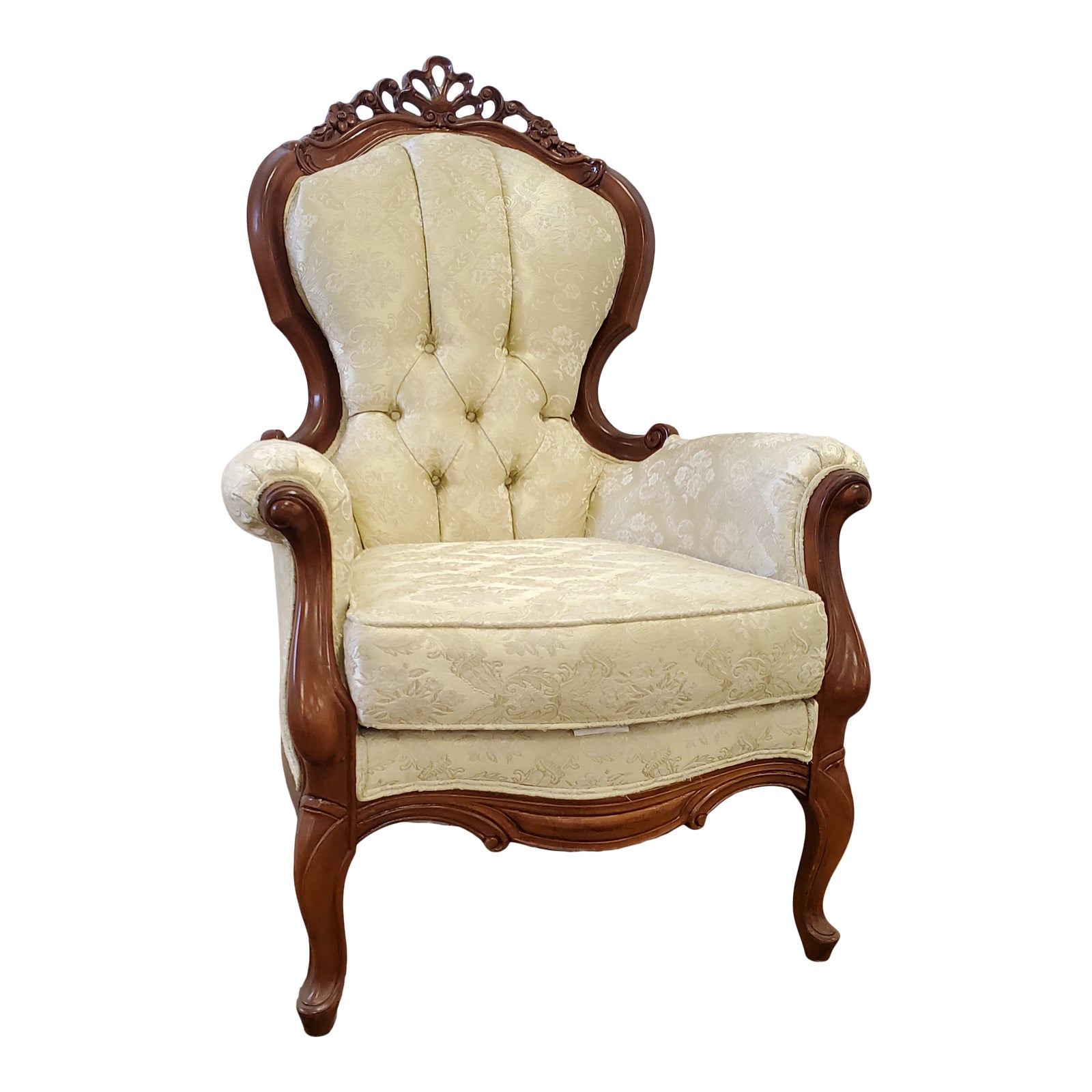 Vintage Victorian Carved Wood Ivory Brocade Tufted Wingback Chair