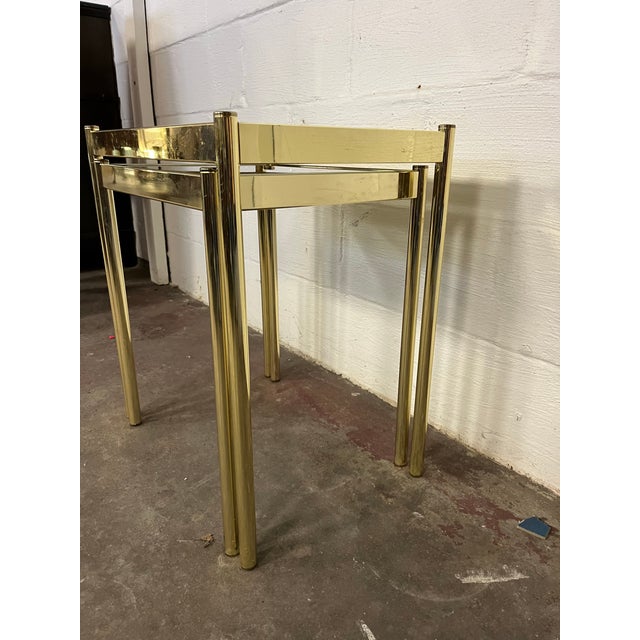 Metal Mid Century Brass Plated and Smoked Glass Nesting Tables Belgo-Chrome Manner For Sale - Image 7 of 11