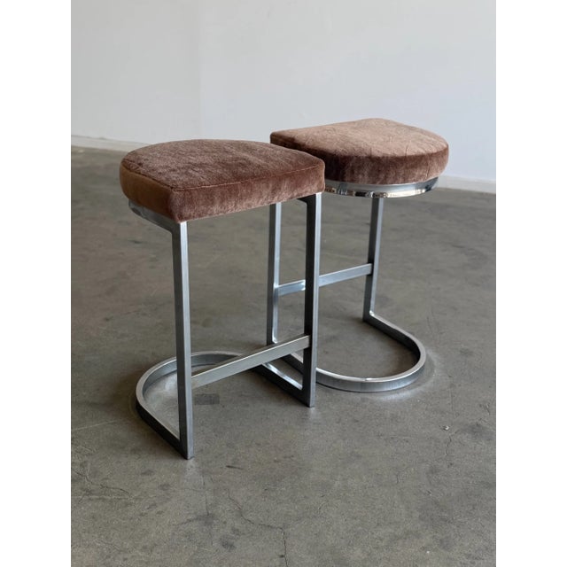 Vintage Cantilevered Bar Stools in Mohair - Pair For Sale - Image 10 of 10