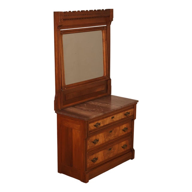 Antique Victorian Eastlake Walnut Marble Top Dresser With Mirror For Sale