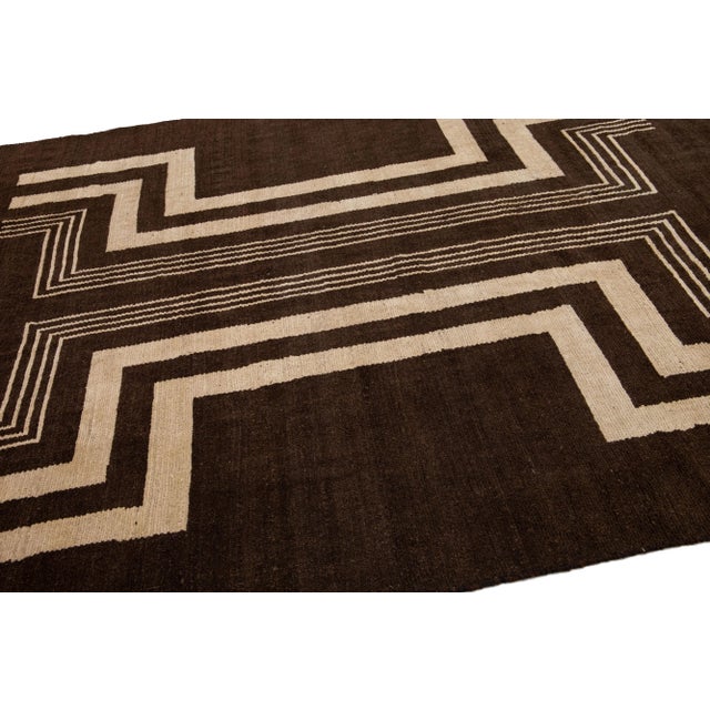 Textile Modern Art Deco Style Handmade Tribal Motif Brown Wool Rug For Sale - Image 7 of 8