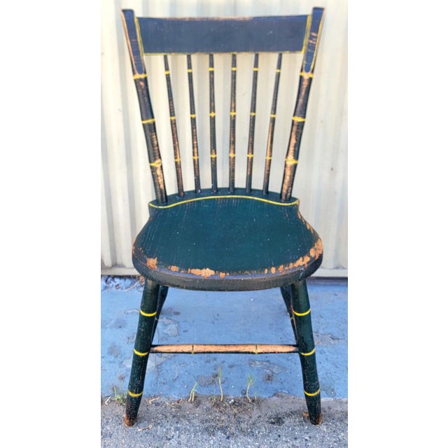 Folk Art 19Thc Origin. Green Paint & Mustard Stripe Thumb Back Windsor Chairs Set of Five For Sale - Image 3 of 8