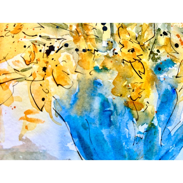Original Watercolor Painting of “Daffodils in a Blue Vase” on Handmade Cotton Paper For Sale - Image 4 of 8