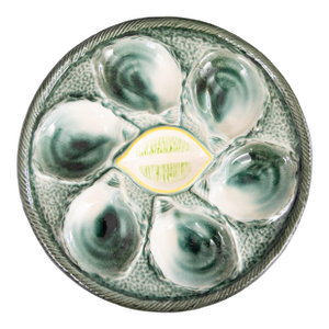 Antique French Saint Clément Majolica Green & Yellow Lemon Wedge Oyster Plate
