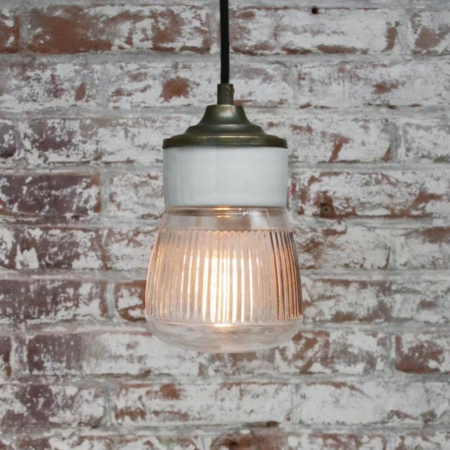 1950s Vintage Industrial White Porcelain and Brass Pendant Light with Striped Clear Glass For Sale - Image 5 of 7
