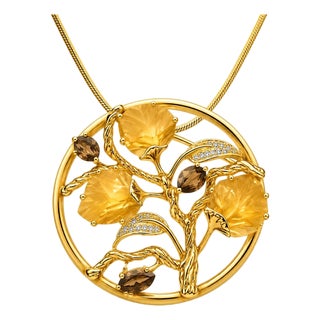 Mid 20th Century 14k Yellow Gold Diamond Topaz Smokey Quartz Leaf Pendant For Sale