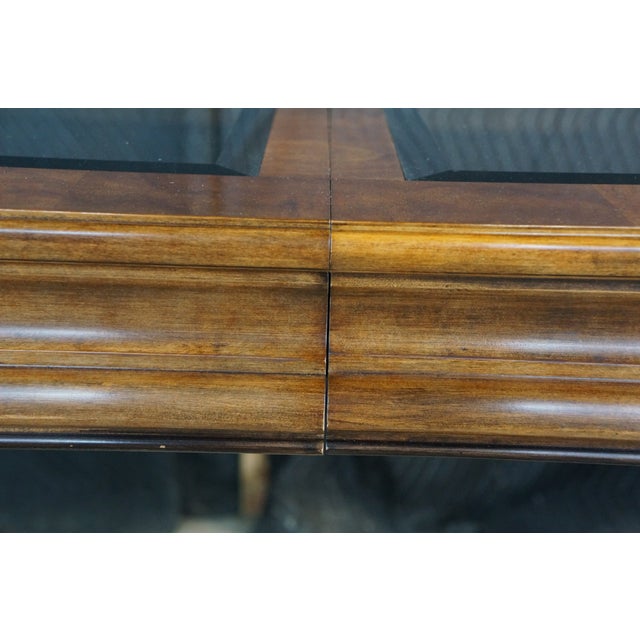 Mid Century Chinoiserie Matchbook Walnut Brass & Glass Extendable Dining Table For Sale - Image 9 of 15