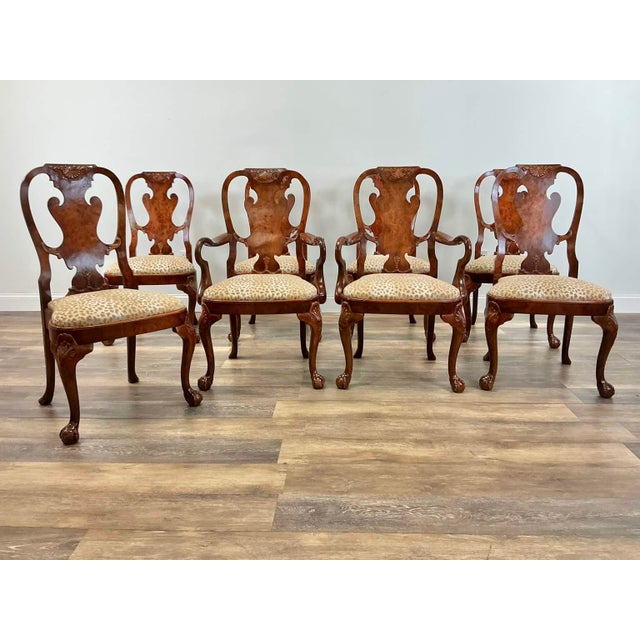 Vintage Queen Anne Burl Walnut Dining Chairs With Leopard Velvet Seats — Set of 8 For Sale - Image 4 of 18