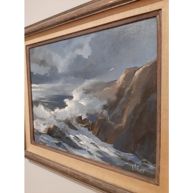 1970s Doug Oliver Painting "Seascape" on Canvas 16"x20" Wood Framed Early Work For Sale - Image 4 of 14