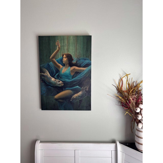 Contemporary Calm in the Chaos by Terra Novak | Oil on wood Woman in blue with otters in a serene setting For Sale - Image 3 of 5