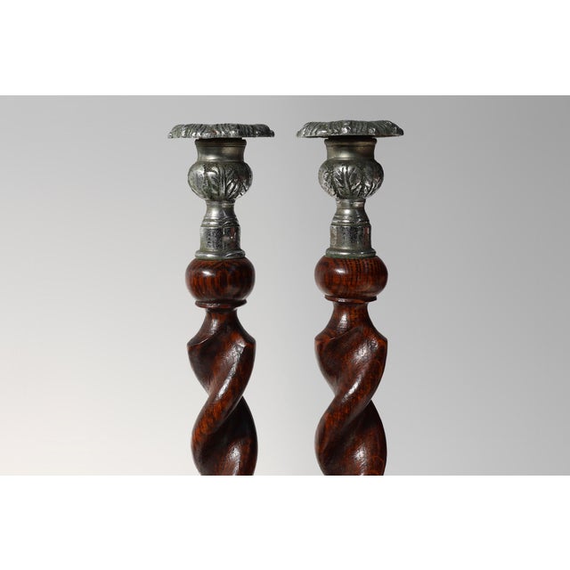 Wood French Barley Twist Candlesticks in Wood with Silver-Plated Bobeches, 1850, Set of 2 For Sale - Image 7 of 12