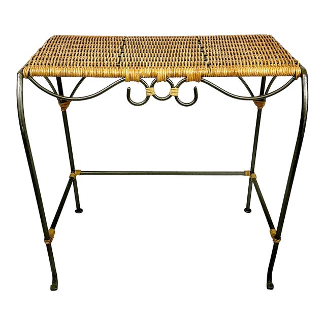 1970s Vintage Boho Chic Coastal Arts & Crafts Wicker and Steel Side Table. For Sale