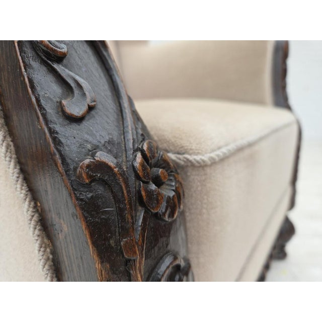 Beige Danish Wingback Armchair in Velour and Carved Oak, 1950s For Sale - Image 8 of 18