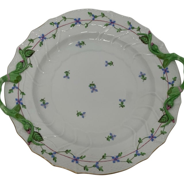 Herend Blue Garland PBG Model 1173 Handled 12-Inch Chop Plate Round Serving Platter Made in Hungary c. 1960-1980....