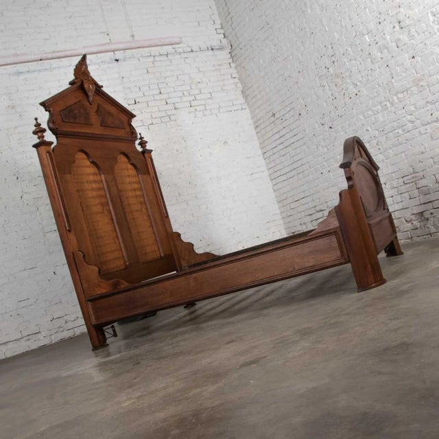 Victorian Antique Victorian Full Size Bed Tall Lincoln Style Walnut & Burl Walnut Hand Carved For Sale - Image 3 of 13