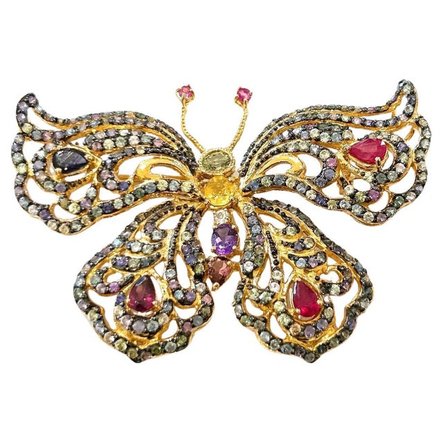 Late 20th Century Bochic "Orient" Vintage Ruby & Multi Color Sapphire Brooch Set 18K Gold & Silver For Sale - Image 15 of 18
