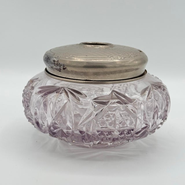 Silver Art Deco Cut Crystal Hair Receiver With Silver Tone Lid, Vintage Vanity Jar For Sale - Image 8 of 8
