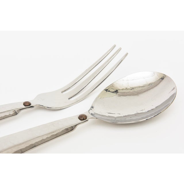 1990s Hand Hammered Silver Plated Looped Serving Pieces or Salad Servers With Brass Dot For Sale - Image 4 of 11