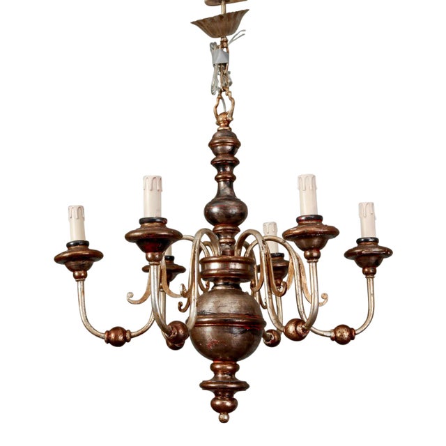 Italian Silver Leaf Wood and Iron Six-Arm Chandelier For Sale