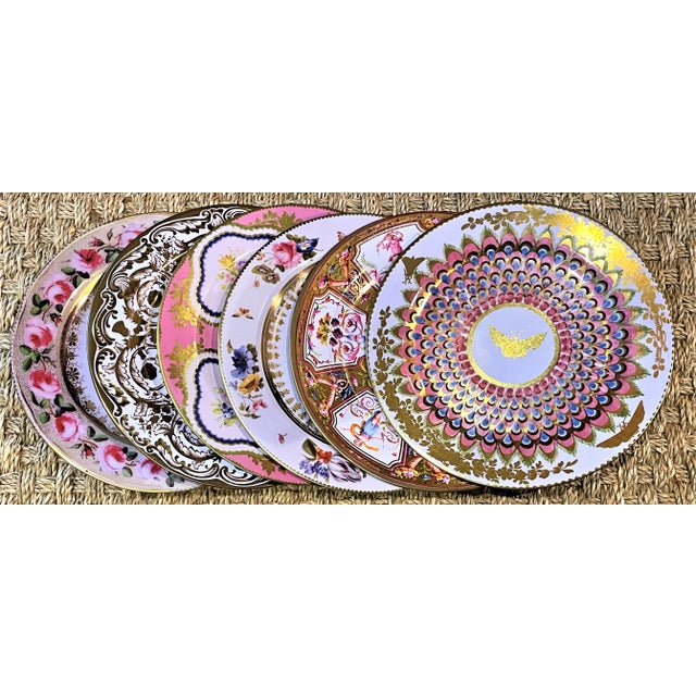 Enamaled Pink & Gold Tin English Plates - Set of 6 For Sale In Houston - Image 6 of 8