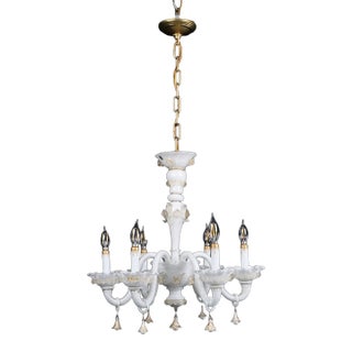 Vintage White Glass Gold 6 S Arm Chandelier For Sale