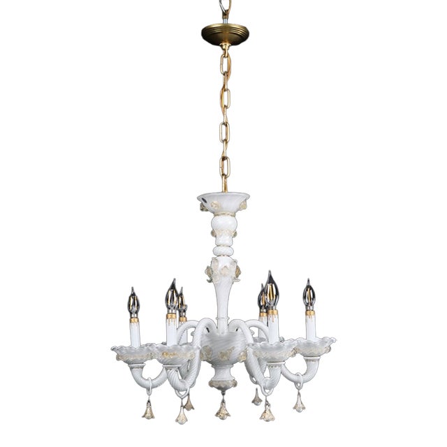 Vintage White Glass Gold 6 S Arm Chandelier For Sale