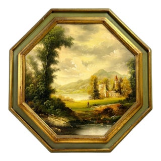 Vintage English Octagonal Oil on Board Loch Side Landscape, Signed For Sale