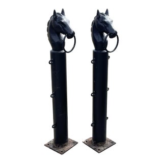 Pair of Antique Horse Head Hitching Posts Cast Iron Heads For Sale