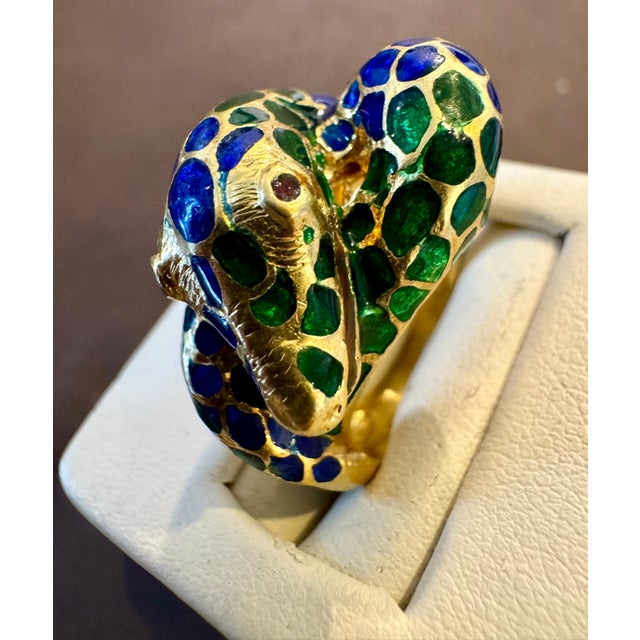 Blue & Green Enamel Snake Animal Cocktail Ring in 18 Karat Yellow Gold Size 5 For Sale - Image 12 of 18