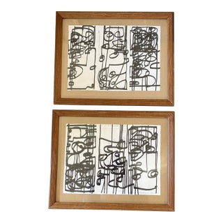 Contemporary 2 Original Wayne Cunningham Abstract Marker Drawings Vintage Frames-A Pair For Sale