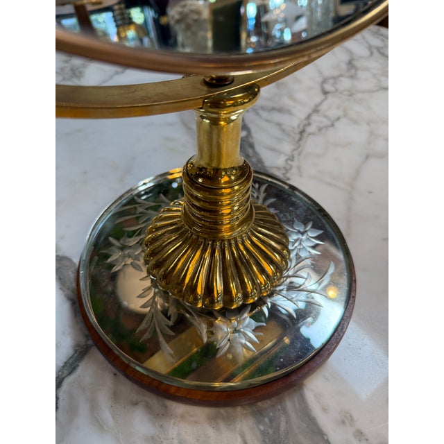 Vintage Brass Vanity Mirror With Etched Glass Base and Wood Trim For Sale In Los Angeles - Image 6 of 10