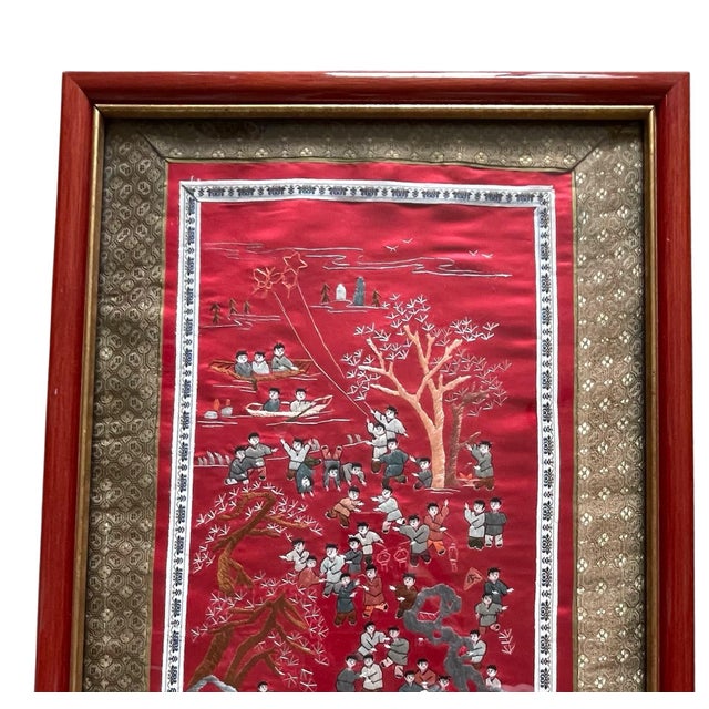 Asian Vintage Asian Oriental Embroidered Red Silk Tapestry Wall Art. Framed. 14x26” For Sale - Image 3 of 5