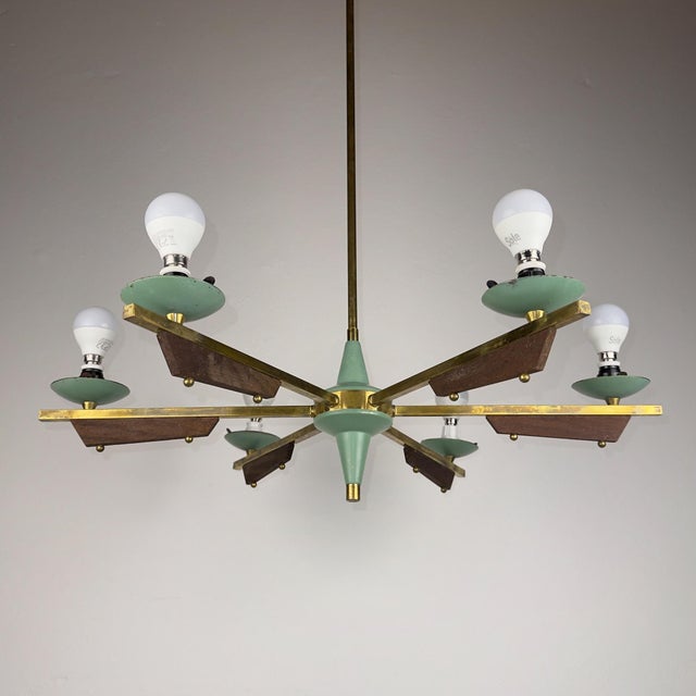 Mid-Century Chandelier with Teak and Murano Glass from Stilnovo, Italy, 1950s For Sale - Image 18 of 18