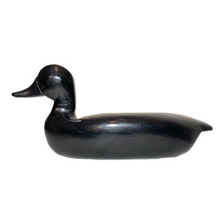 Vintage Hand Carved Painted Wood Folk Art Black Duck Decoy Sculpture Figure For Sale