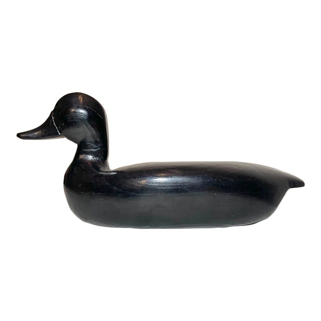 Vintage Hand Carved Painted Wood Folk Art Black Duck Decoy Sculpture Figure For Sale