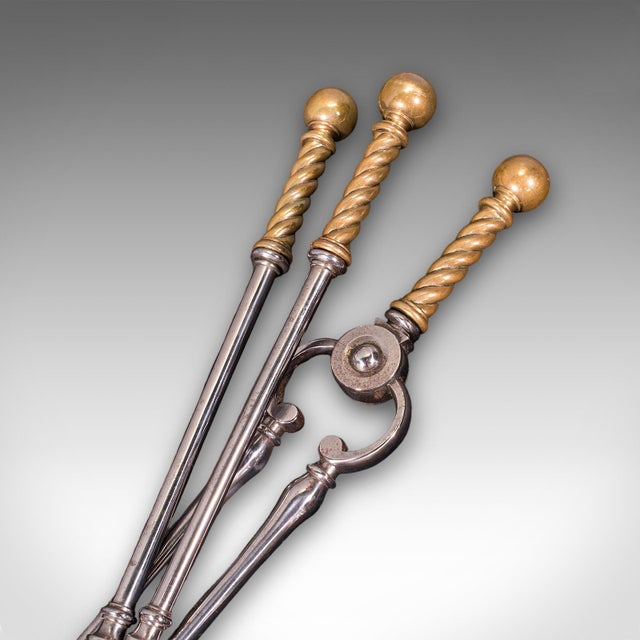 Metal Antique Companion Set, Three Fireside Tools, English, Steel, Brass, Victorian For Sale - Image 7 of 12